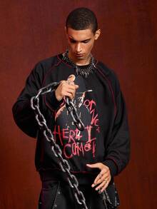 ROMWE MEN A Nightmare on Elm Street X ROMWE Men's Casual Daily Letter & Figure Graphic Crew Neck Sweatshirt , Fall - Black - View 6