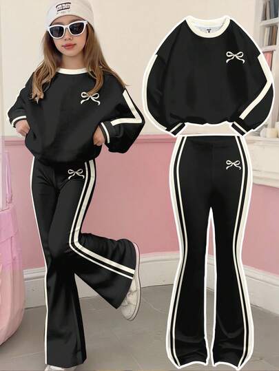 SHEIN 2pcs/Set Tween Girls Casual Thick Loose Fit Crew Neck Sweatshirt With Vintage School Sports Style Bow Decor & Cream Striped Contrast, Bell Bottom Pants, Suitable For Autumn/Winter, Outfits For Easy Comfort, Autumn Layers, Stylish Girls, Casual Wear, Kids Graphic Clothes, Back To School, Fall Clothes, Homecoming