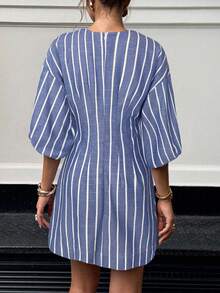 Siren Gaze 女式时尚通勤条纹腰迷你连衣裙 - 藍白色 - 查看 2