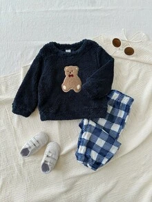SHEIN 2件套婴儿男女童可爱毛绒卡通印花长袖上衣和格子裤家居服套装，运动服，秋冬季男女通用婴儿服装 - 彩色 - 查看 4