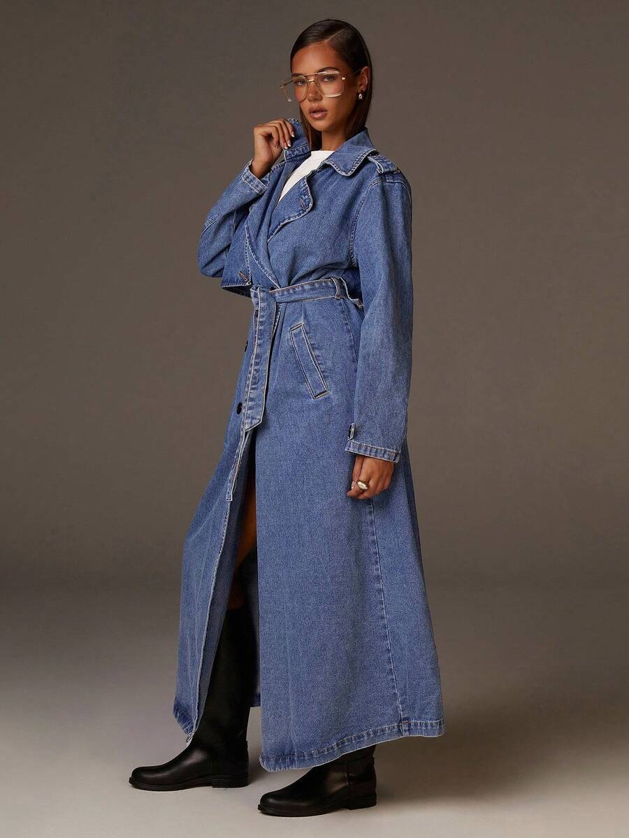 Athîral 女士时尚长款牛仔夹克，秋季 - 藍色 - 查看 1