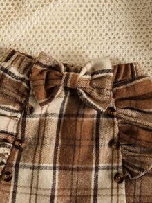 Vintaside Kids 3件套女婴休闲乡村风白色罗纹圆领荷叶边上衣、卡其色格子裙和蝴蝶结发带套装，适合日常穿着，秋冬季女婴服装 - 彩色 - 查看 8