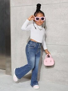 SHEIN 年轻女孩 Y2K 蓝色牛仔保暖内衬弹力修身喇叭裤，秋季休闲时尚度假装，加厚抓绒保暖长裤，喇叭牛仔裤，抓绒打底裤冬季 - 深色水洗藍 - 查看 5