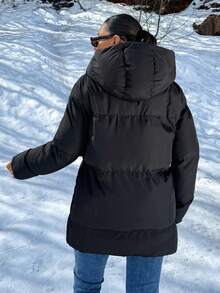 SHEIN Essnce Slant Pocket Zip Up Hooded Puffer Coat - Black - View 2