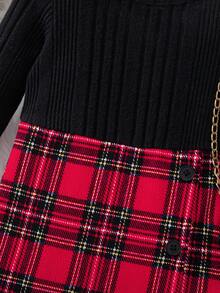 Babygirl Casual Cute Knit Black Red Plaid Patchwork Long Sleeve Dress Baby Girl Christmas Outfit Autumn/Winter - Multicolor - View 3