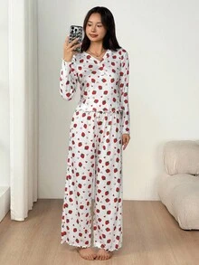 SHEIN 2pcs/Set Teen Girl Cute & Simple Colorful Strawberry Print V-Neck Half-Placket Ruffle Trim Long Sleeve Soft & Comfortable Pajama Set Fall Winter