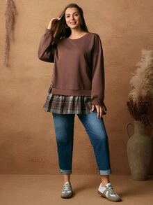 Rosumi Plus Size Casual Plaid Patchwork Sweatshirt Plaid Sweatshirt Oversized Sweatshirt Ruffle Sweatshirt Brown Sweatshirt Women