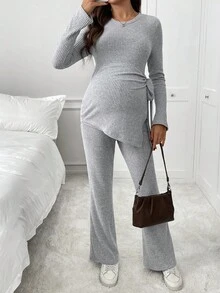 SHEIN 2件套孕妇纯色圆领长袖罗纹开叉休闲上衣和裤子套装 - 淺灰色 - 查看 3