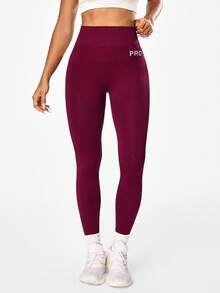 SHEIN Sports 无缝高弹力瑜伽健身跑步紧身裤 - 酒紅色 - 查看 3