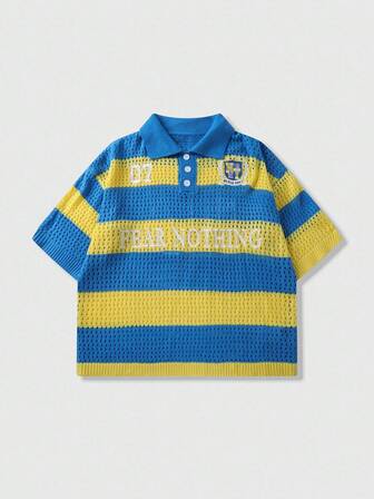 Prep Men's Embroidered Striped Knit Sweater, Knit Short Sleeve Polo Shirt