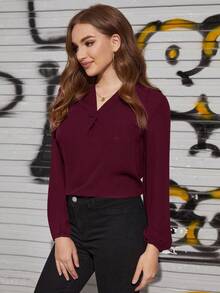 SHEIN Clasi 女士纯色V领灯笼袖优雅衬衫 - 紫紅色 - 查看 6