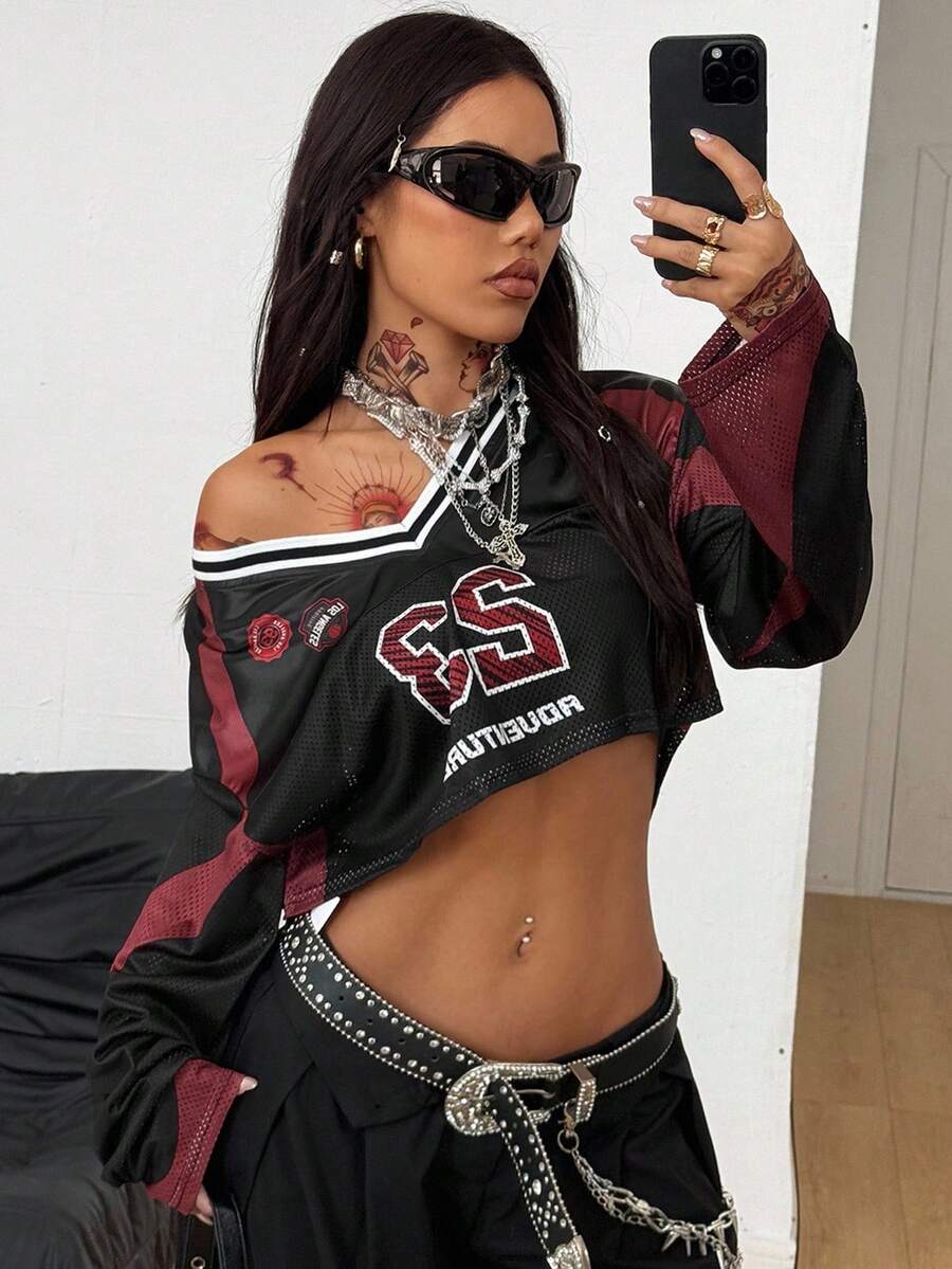 Coolane Áo thun thể thao nữ tay dài dáng rộng cổ chữ V họa tiết chữ và họa tiết mới, màu trắng - Đỏ và đen - Xem 1