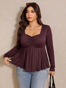 Elaquor 秋季大码休闲纯色褶饰胸前荷叶边下摆T恤 - 咖啡棕 - 查看 4