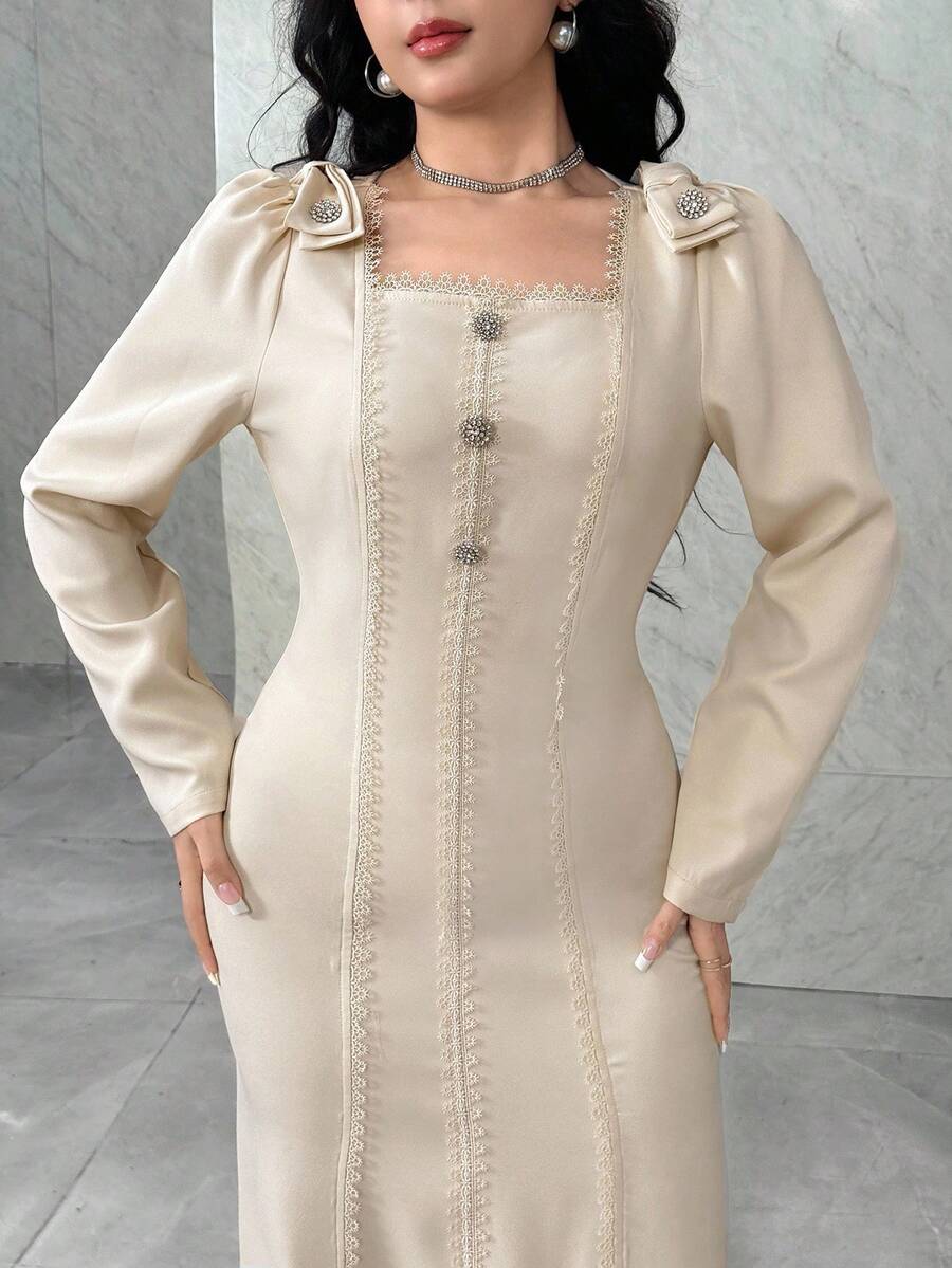 Modelyn Bow Collar Waist Cinched Slimming Elegant Long Dress