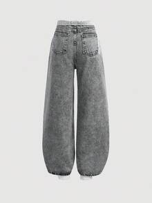 SHEIN Girlism 少女翻边腰口袋宽腿宽松休闲牛仔裤 - 灰色 - 查看 2