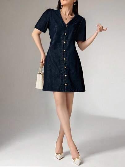 Heiryn Women's Denim Dress Button Placket Shift Dress Loose Dress Blue Dress Women's Casual V-Neck Single Breasted Denim Midi Dress With Puff Sleeves Summer Dresses For Women Summer Outfits For Women Country Outfits Women Streetwear Y2k Clothes, Old Money, Business Casual Woman