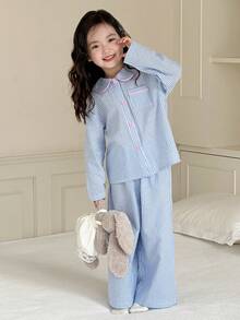 DAZY 2 件套女童休闲长袖上衣和裤子家居服套装，秋季 - 藍色 - 查看 7