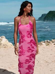 Opulessa Vestido halter sin espalda, estilo casual de vacaciones - Rosa Fucsia - Ver 6