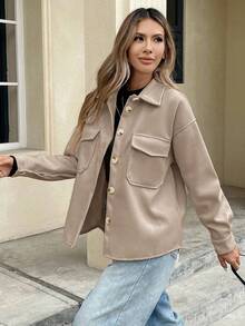 Serisse Flap Pocket Drop Shoulder Overcoat In Fall/Winter Casual - Camel - View 4