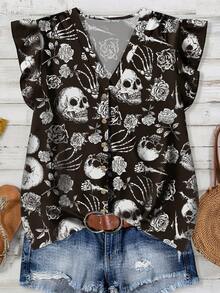 EMERY ROSE Plus Size Women Halloween Skull Print V-Neck Ruffle Trim Short Sleeve Shirt, Casual Holiday Wear, Suitable For Summer, Halloween Costume, Y2K Streetwear Women Blouses Summer Skeleton Shirt Skull ShirtIn Fall/Winter