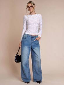 SHEIN BAE Women's Textured Round Neck Long Sleeve Backless Tie Design Sexy Fitted T-Shirt, Going Out, White Top, Christmas Party Top, New Year ,Thanksgiving For Women, Party, White T-Shirt - White - View 6