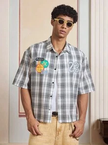 SWAVVY Men's Plaid Numeral Print Short Sleeve Single-Breasted Casual Shirt