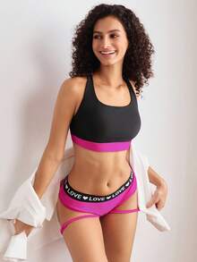 Bộ 2 áo ngực thể thao và quần lót nữ, miếng dán chữ màu tương phản, lưng chéo, khoét rỗng, nâng đỡ, quần lót thoải mái cạp cao - màu đen - Xem 4