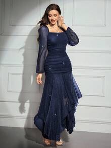 Modelyn 女式纯色闪亮方领灯笼袖不对称下摆优雅连衣裙 - 藏蓝色 - 查看 5