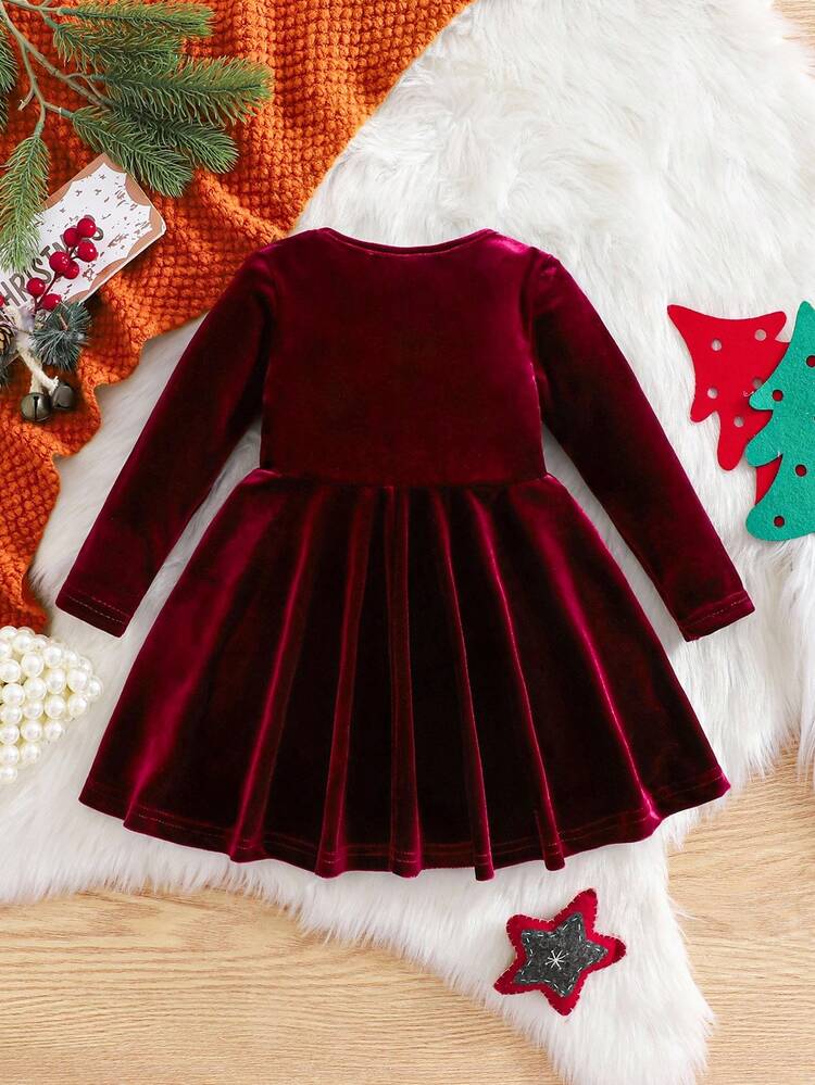 Elegant & Cute Velvet Red Long Sleeve Dress For Baby Girl Fall Winter Red, Burgundy  Velvet Christmas, Party Ball Dress | SHEIN USA