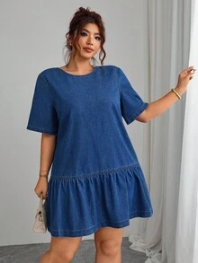 Elenzga Plus Size Women's Solid Color Round Neck Raglan Short Sleeve Ruffle Hem Versatile Sexy Dress - Blue - View 5