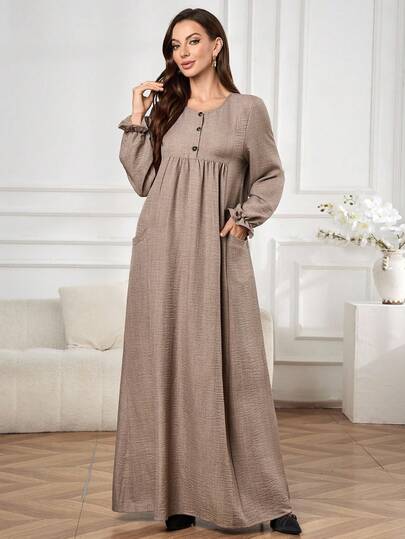 Al Najma Women's Solid Color Button Half-Placket Long Sleeve Casual Loose Arabic Style Dress