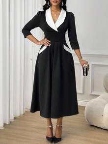 SHEIN Lady Robe élégante et pour femmes avec col châle et manches 3/4 de couleur contrastée - Noir et Blanc - Voir 4