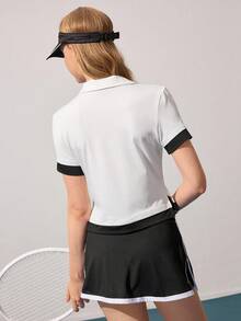 Gameset SHEIN Sport 女式休闲拼色数字印花运动 Polo 衫，夏季 - 白色 - 查看 2