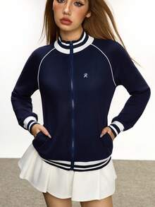 INAWLY 2025 Women's Autumn Raglan Sleeve Casual Slim Fit Ribbed Jacket Fall Winter Cloth For Women - Navy Blue - View 3