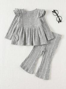 Cozy Pixies 2 pezzi Set di top a maniche lunghe con collo rotondo e volant e pantaloni in vita elastica per bambina, tinta unita