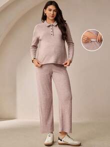 MaterniWear 2件套孕妇套装：衬衫领上衣和可调节腰围裤子 - 卡其色 - 查看 7