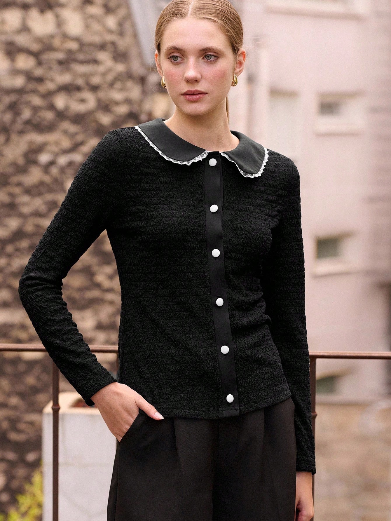 Black Textured Rib Long Sleeve Top With Contrast Trim Collar And Buttons Fall Women Clothes Spring Summer Elegant Top