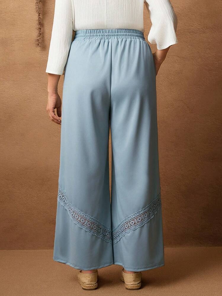 Pantalones anchos elegantes de talla grande para mujer con cintura con cordón, bolsillos y encaje de contraste