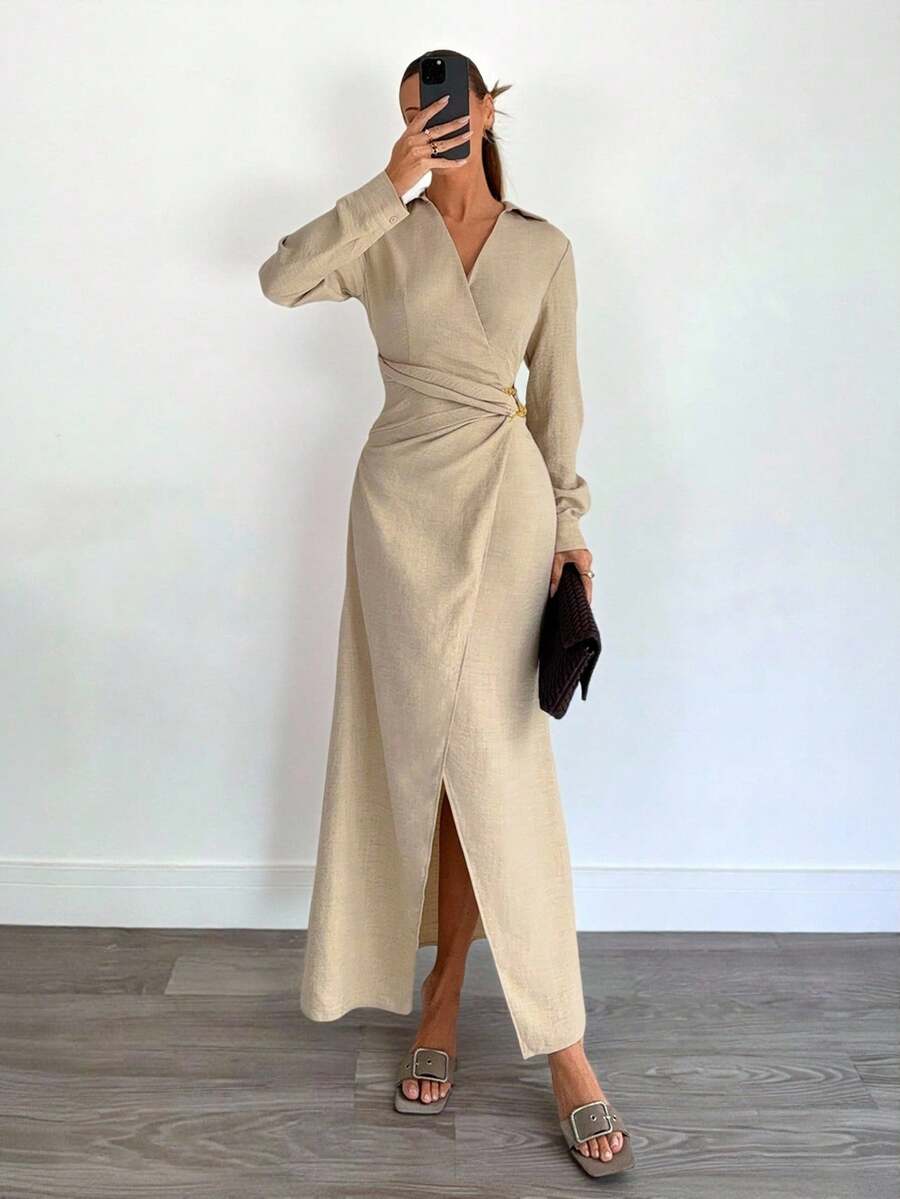 Siren Gaze Váy quấn thanh lịch dành cho nữ, thích hợp khi đi làm - Màu be - Xem 1