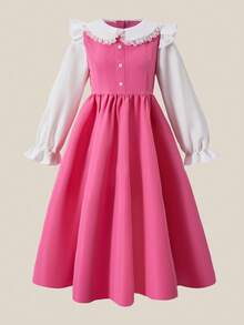Tween Girl Ruffle Collar 2 In 1 Pleated Bowknot Long Dress Fall Winter - Pink - View 6