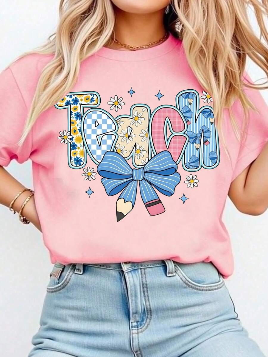 Chiquease Áo sơ mi hoa giáo viên Preppy, Áo thun hoa màu xanh Teach, Áo phông giáo viên Preppy, Áo phông kẻ caro nơ bút chì cho giáo viên - Hồng - Xem 1
