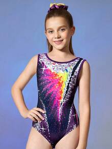 青少年女孩印花弹力无袖紧身衣，多色，适合体操、体育比赛、日常训练，印花鲜艳，运动穿着舒适 - 彩色 - 查看 4