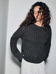SHEIN LUNE 女士宽松圆领扭纹针织长袖毛衣，秋季休闲女式套头衫 - 深灰色 - 查看 7