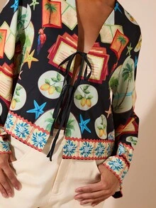 Travachic Áo sơ mi tay dài buộc dây phía trước họa tiết trái cây thường ngày dành cho nữ, Áo cánh Boho, Mùa thu sang trọng, Đi chơi, Thanh lịch, Phong cách đồng quê dành cho nữ, Mùa thu dành cho nữ - màu đen - Xem 1