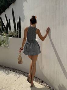 SHEIN Unity 蓝色格子无袖紧身迷你连衣裙，甜美法式度假风，春夏季 - 彩色 - 查看 2