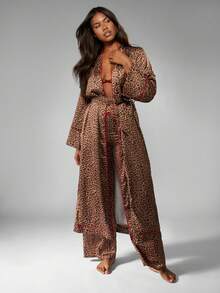 MISSGUIDED Áo choàng dài họa tiết da báo sang trọng có viền viền màu đỏ, đồ mặc nhà Kimono bằng vải satin dài chấm đất, che phủ toàn bộ, quà tặng ngày lễ - màu nâu - Xem 1