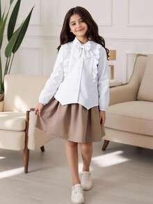 Tween Girl Ruffle Trim Bow Front Shirt,Holiday,Summer,Travel - White - View 9