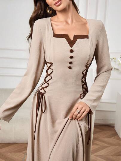 Al Najma 女士撞色系带袖口长袖优雅连衣裙