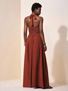 Zivah 2025 夏季新款音乐节、复活节、母亲节、婚礼季、出席婚礼、生日派对、日常穿着、百搭百搭、休闲、度假、邮轮旅行、海滩、日光浴、病毒式传播、街头服饰、优雅、通勤交叉细肩带扭纹杯纹理面料和飘逸雪纺阔腿裤 - 连体裤 - 棕色 - 查看 2