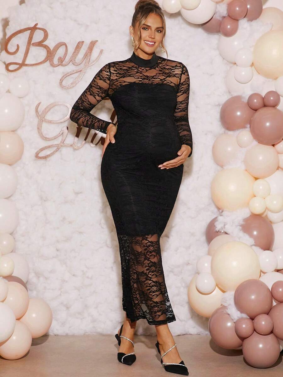 Loomaby Elegant Maternity V-Neck Lace Slit Hem Fitted Dress,Black Maternity Dress,Gender Reveal Dress,Maternity Dress, Baby Shower Dress - Black - View 1